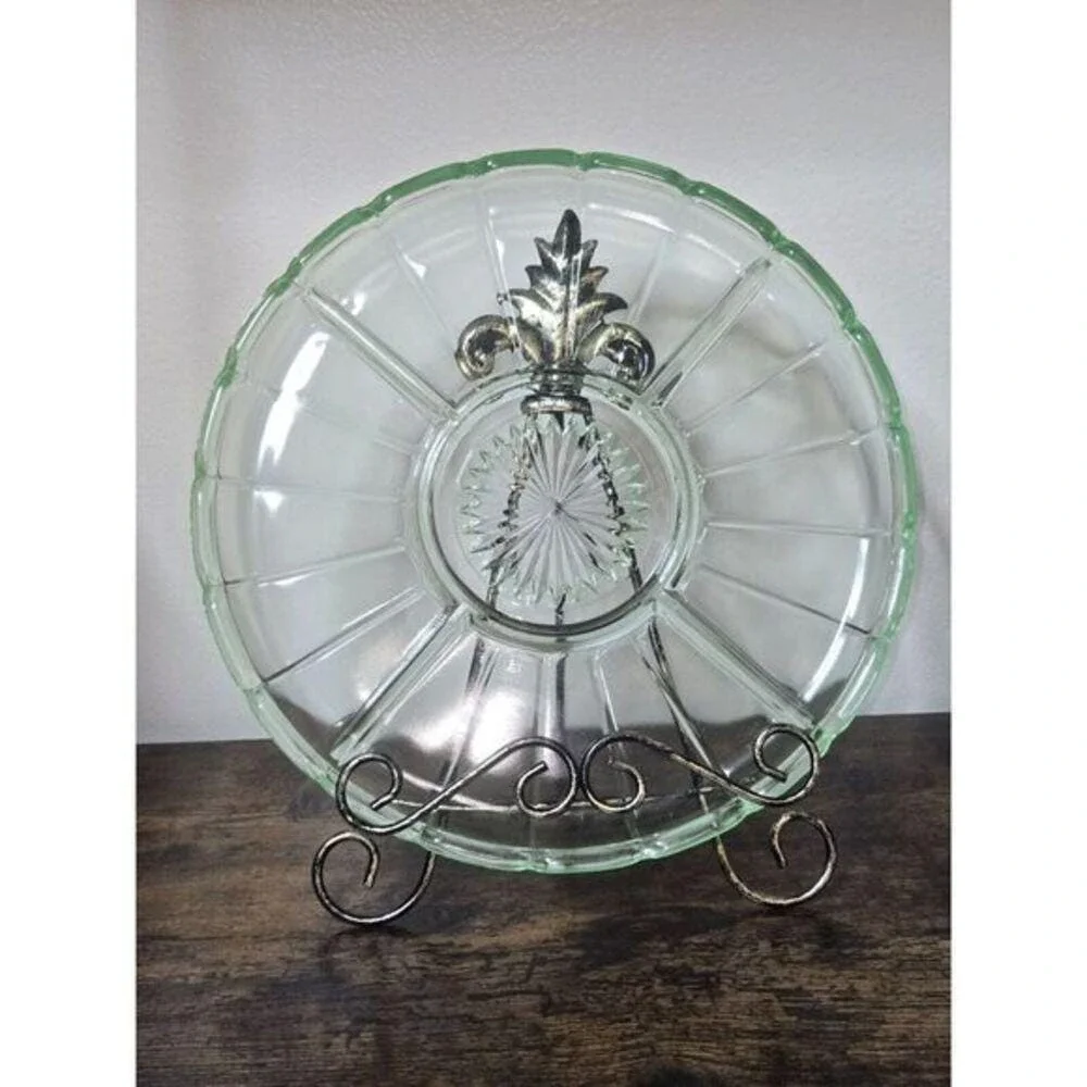 Hazel Atlas Ribbon Green Uranium Depression Glass Divided Relish Dish Tray 10